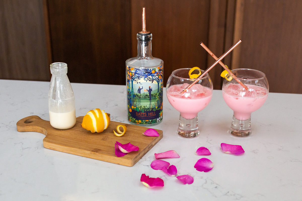 Batts Hill Cucumber and Clementine Gin Pink Rose cocktail with frothy top