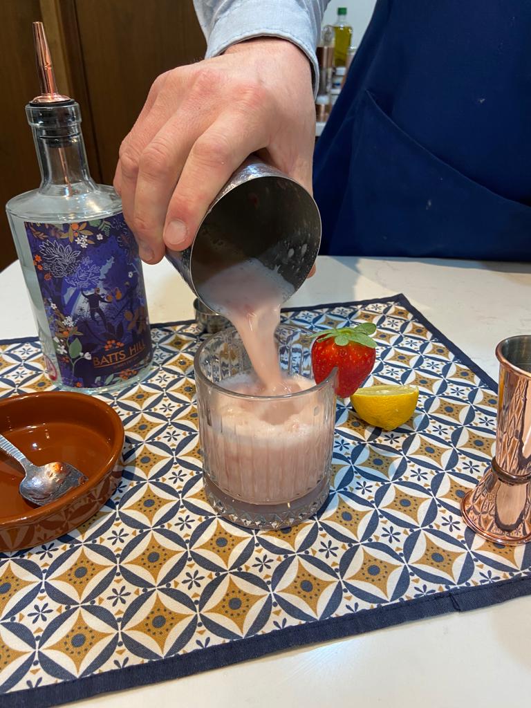Batts Hill Strawberry & Pink Peppercorn Gin jam cocktail with strawberry garnish