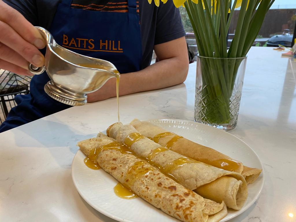 Batts Hill Surrey Dry Gin toffee sauce drizzled over pancakes