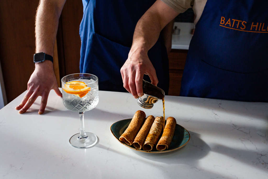 Batts Hill Cucumber and Clementine Gin and tonic sauce over pancakes