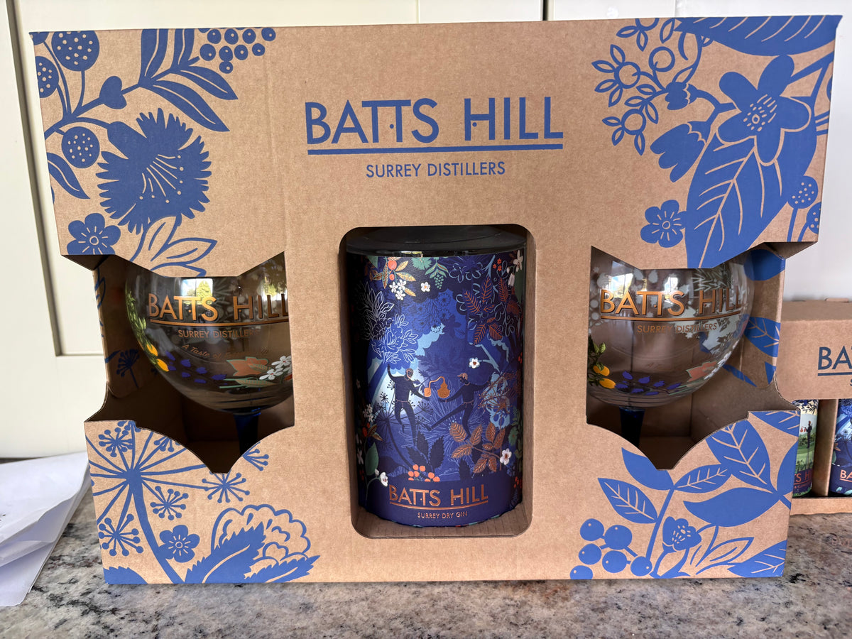 Batts Hill Surrey Dry Gin gift set with two balloon gin glasses in illustrated blue gift box
