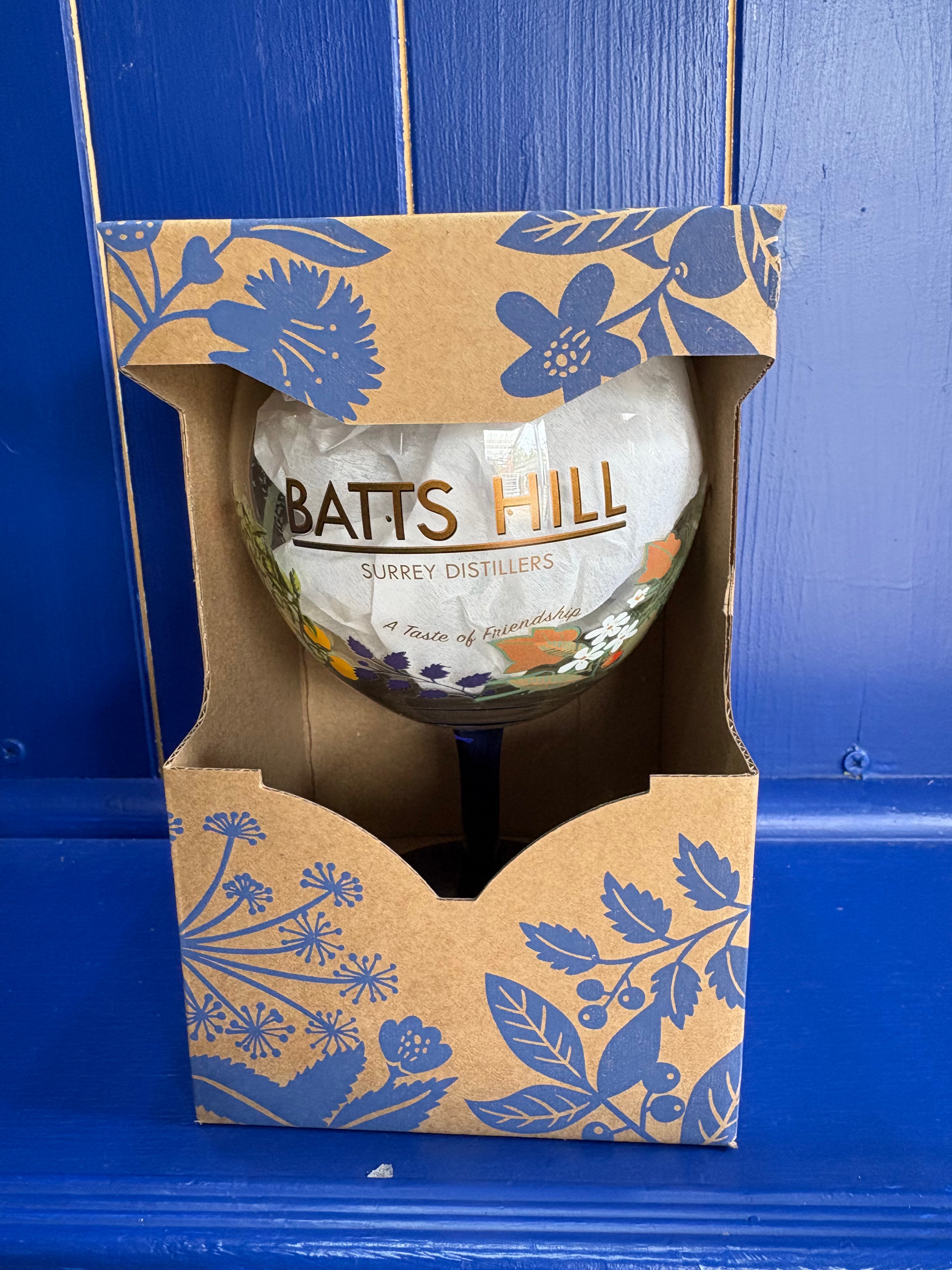 Batts Hill balloon gin glass with blue stem in illustrated gift box