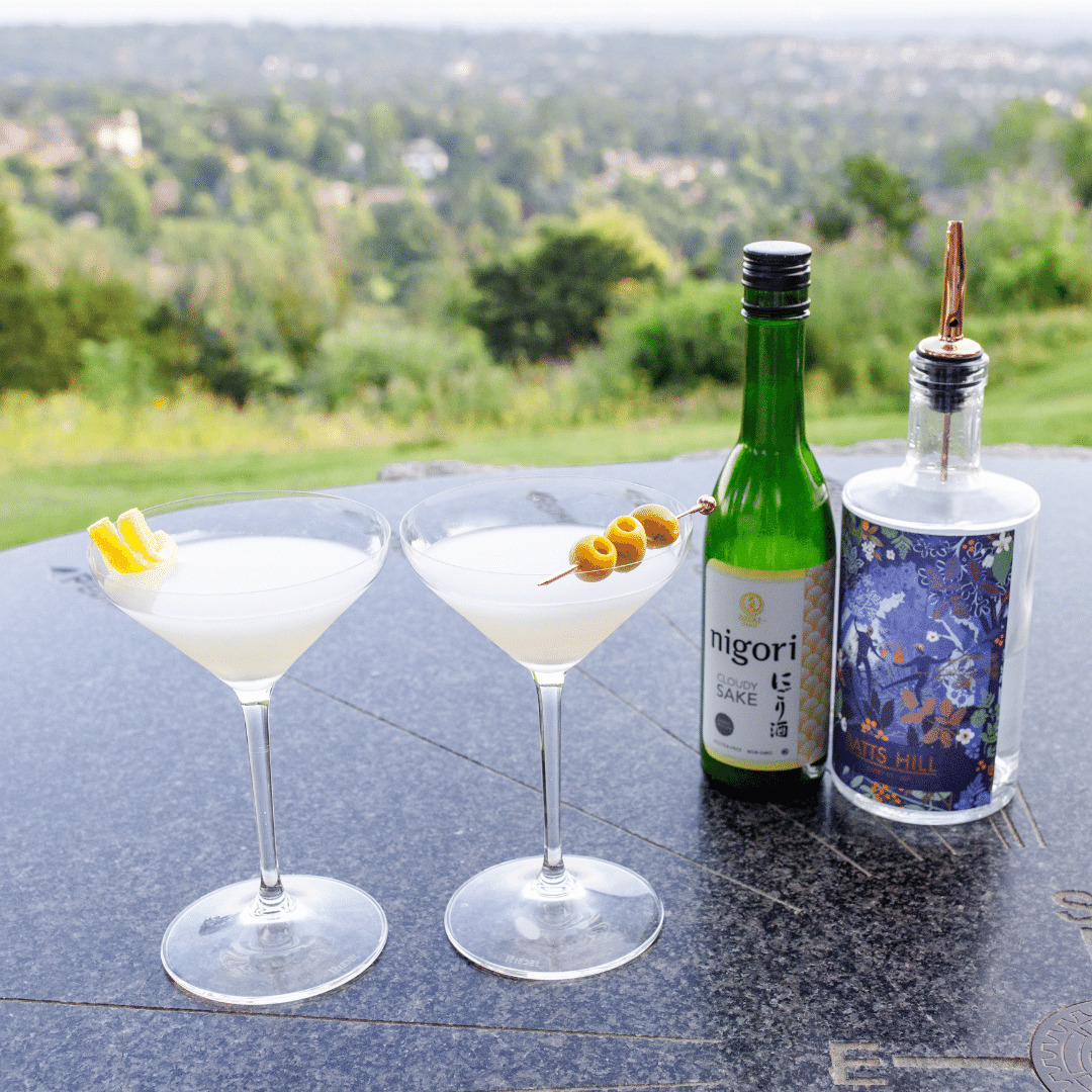 Batts Hill Surrey Dry Gin Saketini with lemon peel garnish