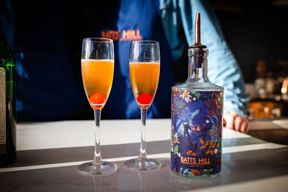 Batts Hill Surrey Dry Gin Chinatown cocktail with maraschino cherry