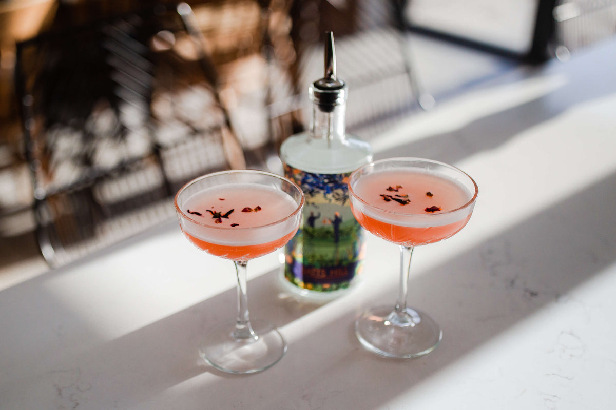 Batts Hill Cucumber and Clementine Gin Fleur de Paradis cocktail with pansy garnish
