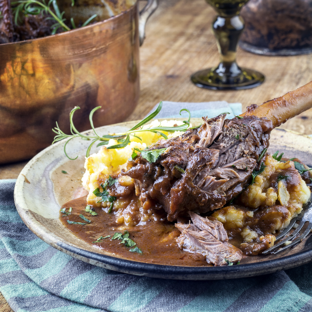 Batts Hill Surrey Dry Gin-infused lamb shank casserole with mashed potatoes
